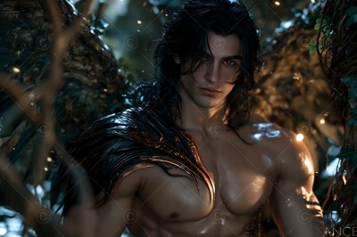 Facing forward, a dark-haired strong-built man with wings sits in a dim forest