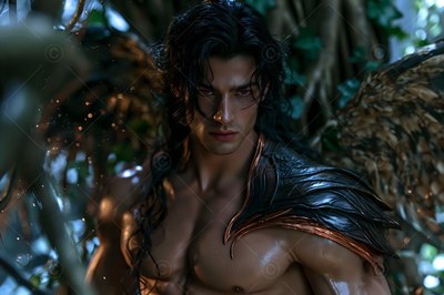 A man with no shirt on with dark wings stands in a shadowy forest with vine-covered trees