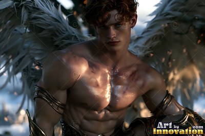 In a snowy field, a muscular man with feathered wings with curly red hair kneels in the soft light