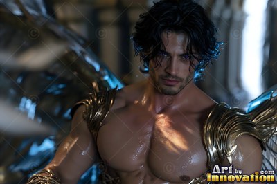 A bare-chested man with dark hair wears gold armor and large wings