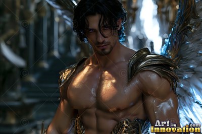 In a dim stone hall, a muscular shirtless man wears golden wings and armor