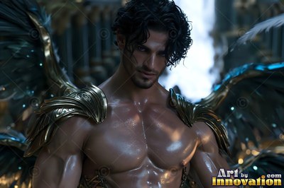 Looking forward, a shirtless winged man wears sculpted golden armor on his shoulders