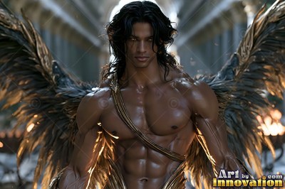 Winged man with a muscular build with dark hair in a hall with warm light