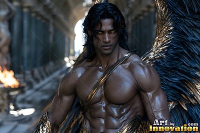 A winged man stands upright in a stone hall, lit by soft gold highlights along dark feathers