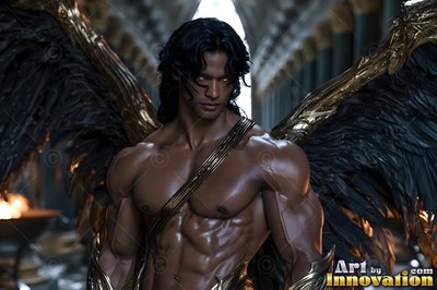 Facing forward in a stone hall, a muscular man with large feathered wings with dark hair