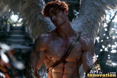Resting outdoors, a shirtless winged man with reddish hair stands in soft light