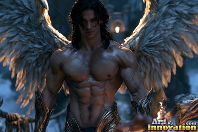Dark wavy hair frames a muscular winged man standing outdoors at twilight