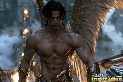 Standing on a rope bridge, a muscular winged man looks forward in soft light