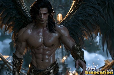 A muscular bare-chested man with black wings reaches forward along a stone bridge
