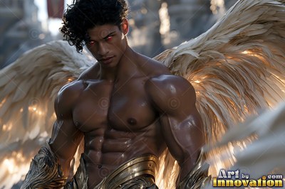 Before blurred stone towers, a muscular winged man with red eyes looks forward