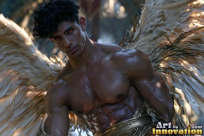 Looking forward, a strong man with wings with dark curls poses in soft sunlight