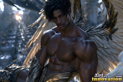 Muscular man with two feathered wings with dark skin resting against gold feathers