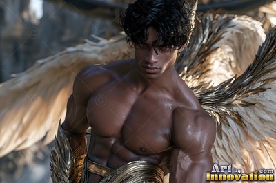 Curly dark hair falls over the eyes of a winged, muscular man standing outdoors in daylight