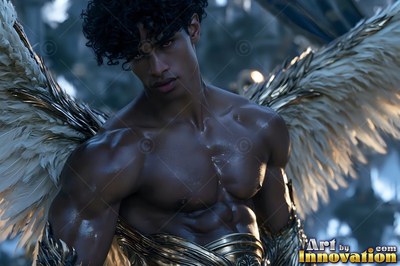 Turned slightly outdoors, a muscular winged man looks forward in soft light