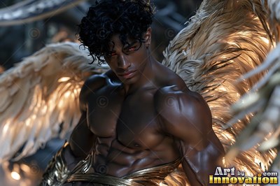 A muscular man with dark curls and warm light behind his tan wings