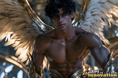 In soft indoor light, a shirtless man with large two golden wings leans forward