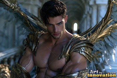 Man with wings wearing gold shoulder armor in a hall