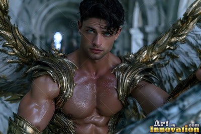A muscular winged man leans forward in a stone hall under soft cool light