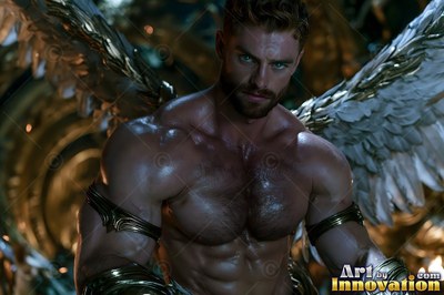 Muscular man without a shirt with feathered wings wearing gold armbands