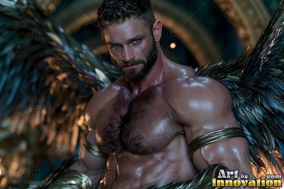 Gold bands encircle the muscular arms of a bearded winged man resting in a dark hall