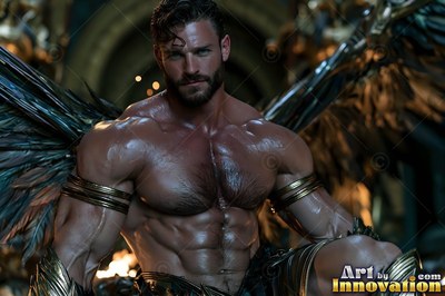 Sitting close in a dark stone hall, a muscular winged man looks forward