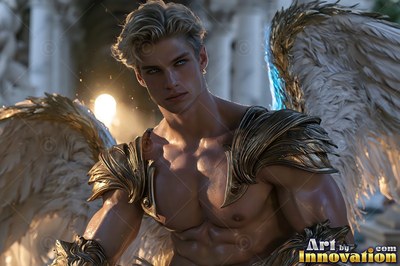 Facing forward in sunlight, a winged blond man wears sculpted gold armor over his chest