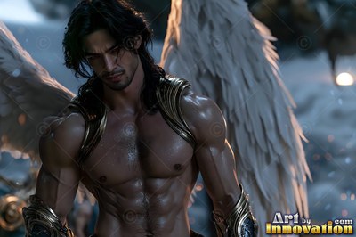 A winged muscular man wearing gold armor stands outdoors in pale light