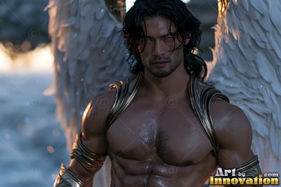 Facing forward outdoors, a winged muscular man wears bronze harness straps