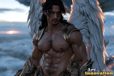 A winged muscular man in gold armor stands above the clouds at sunset