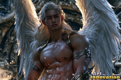 In a dark hall, a man with no shirt with large white wings looks toward the light