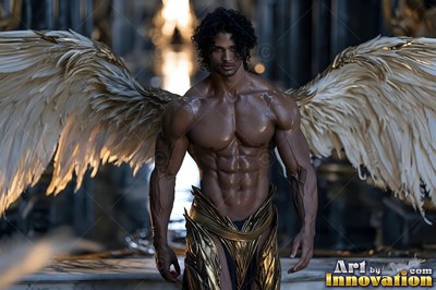 Standing tall with wide wings covered in feathers, a muscular man wears gold armor