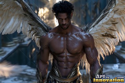 Muscular man with dark skin and large two feathered wings