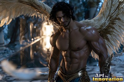 A shirtless muscular man with feathered wings stands in a stone hall by warm light