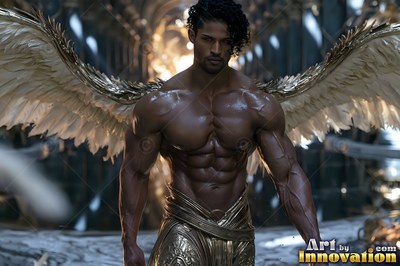 A strong man with wings stands forward with warm golden light behind him