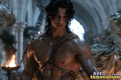Winged muscular man with dark hair in a stone hall