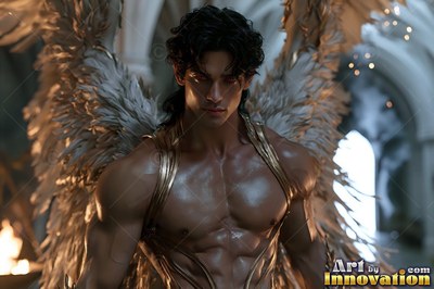 Thin gold straps cross the bare chest of a winged man with dark hair inside a dim stone hall