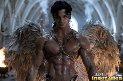 Facing forward in a stone hall, a winged muscular standing man shirtless in thin straps
