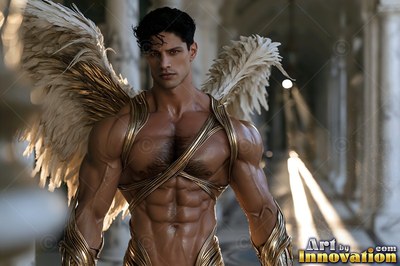 In a white hall, a muscular winged man wears thin gold harness straps