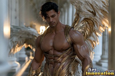 Muscular winged man in gold armor standing in a hall