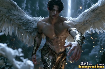 Gold armor cuffs wrap the arms of a winged man reaching forward in the dark clouds