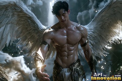 A winged man with a muscular build reaches forward under soft white light