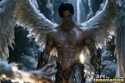 Facing forward in a dim cave, a winged man with a muscular build stands in bright light