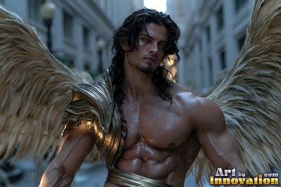 A shirtless muscular man with gold shoulder armor and feathery wings stands in a city