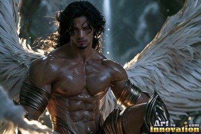 Wearing thick gold bands on his arms before a misty waterfall, a strong man with wings crouches low
