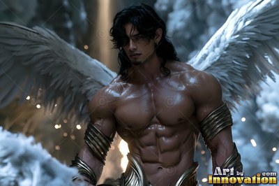 A muscular man with large feathered wings stands shirtless with white feathers in warm soft light