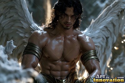 Sitting forward in white clouds, a muscular man with feathered wings with dark hair looks down