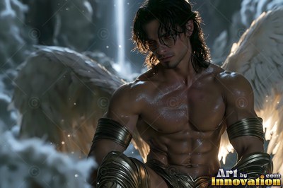A strong man with wings sits among white clouds with bright light behind him