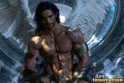 In a stone hall, a winged man with a muscular build crouches with white wings covered in feathers spread