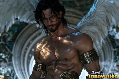 Standing with large white wings, a muscular man wears gold armbands in soft light