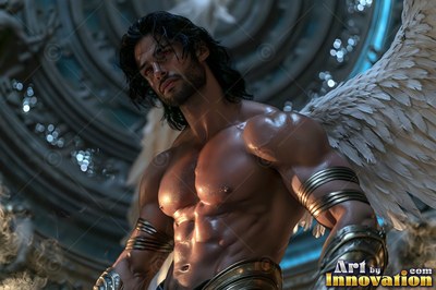 Muscular winged man with dark hair and gold arm bands